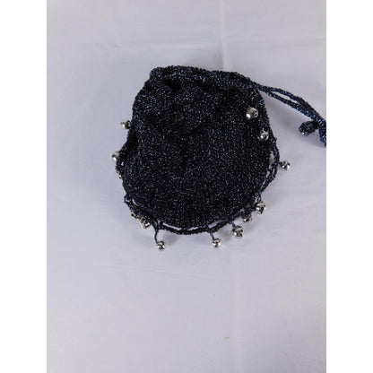 Crochet Drawstring Bag Vtg Mini Black Metallic Bucket Evening Purse Party