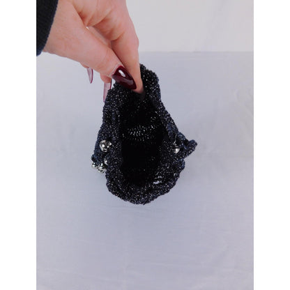 Crochet Drawstring Bag Vtg Mini Black Metallic Bucket Evening Purse Party
