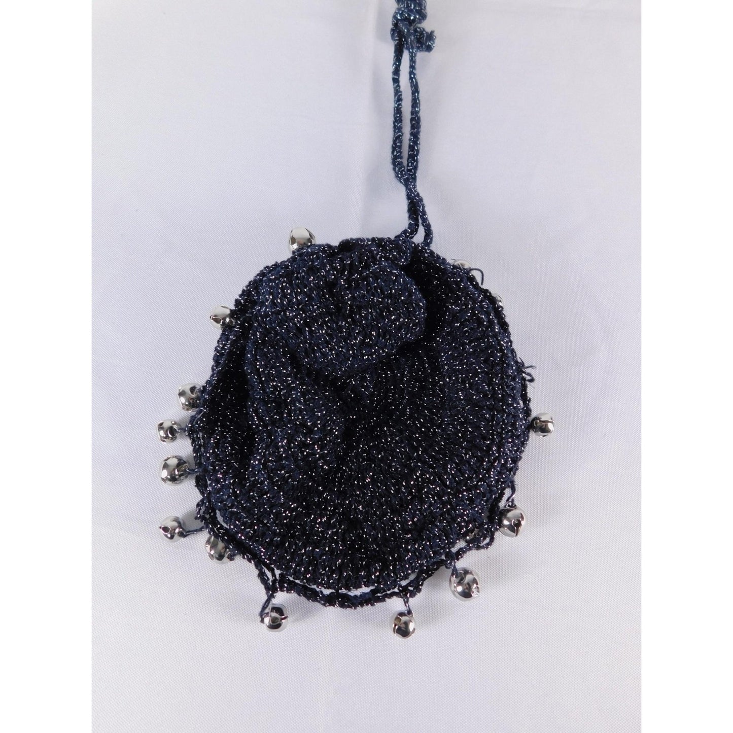 Crochet Drawstring Bag Vtg Mini Black Metallic Bucket Evening Purse Party
