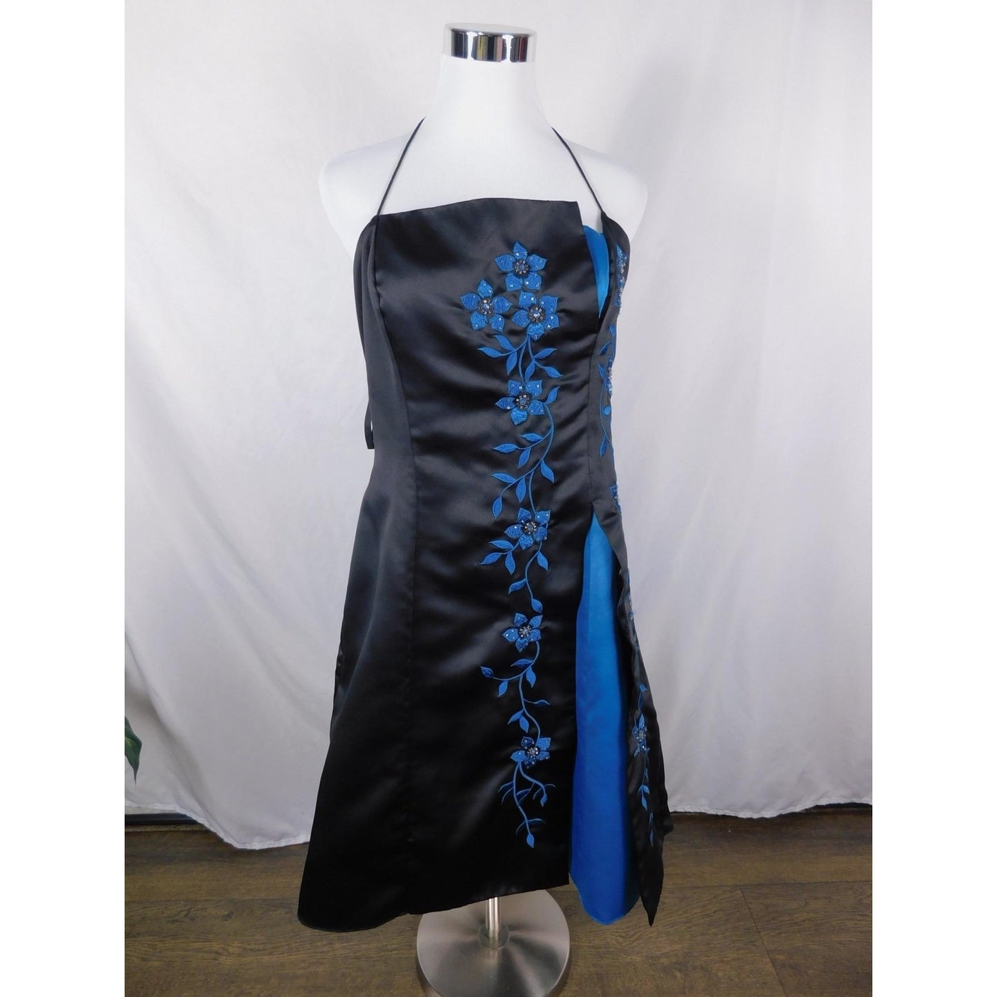 Morgan & Co 13/14 Black Blue Beaded Halter Dress