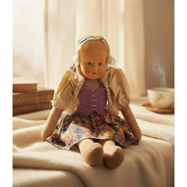 Vintage Handmade Cloth Doll With Painted Face & Floral Dress