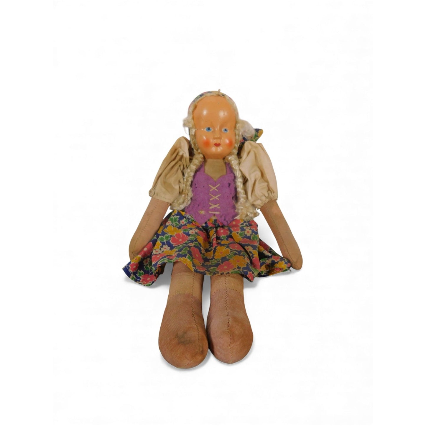 Vintage Handmade Cloth Doll With Painted Face & Floral Dress