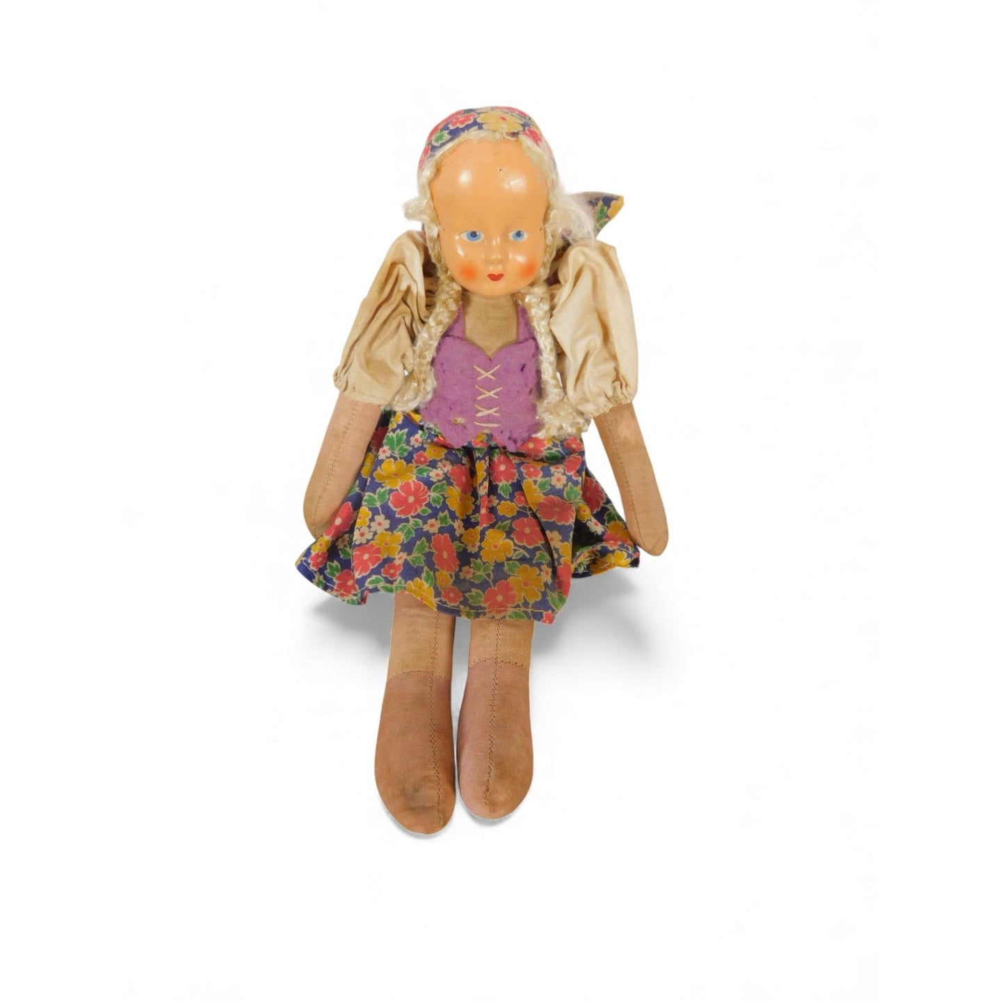 Vintage Handmade Cloth Doll With Painted Face & Floral Dress