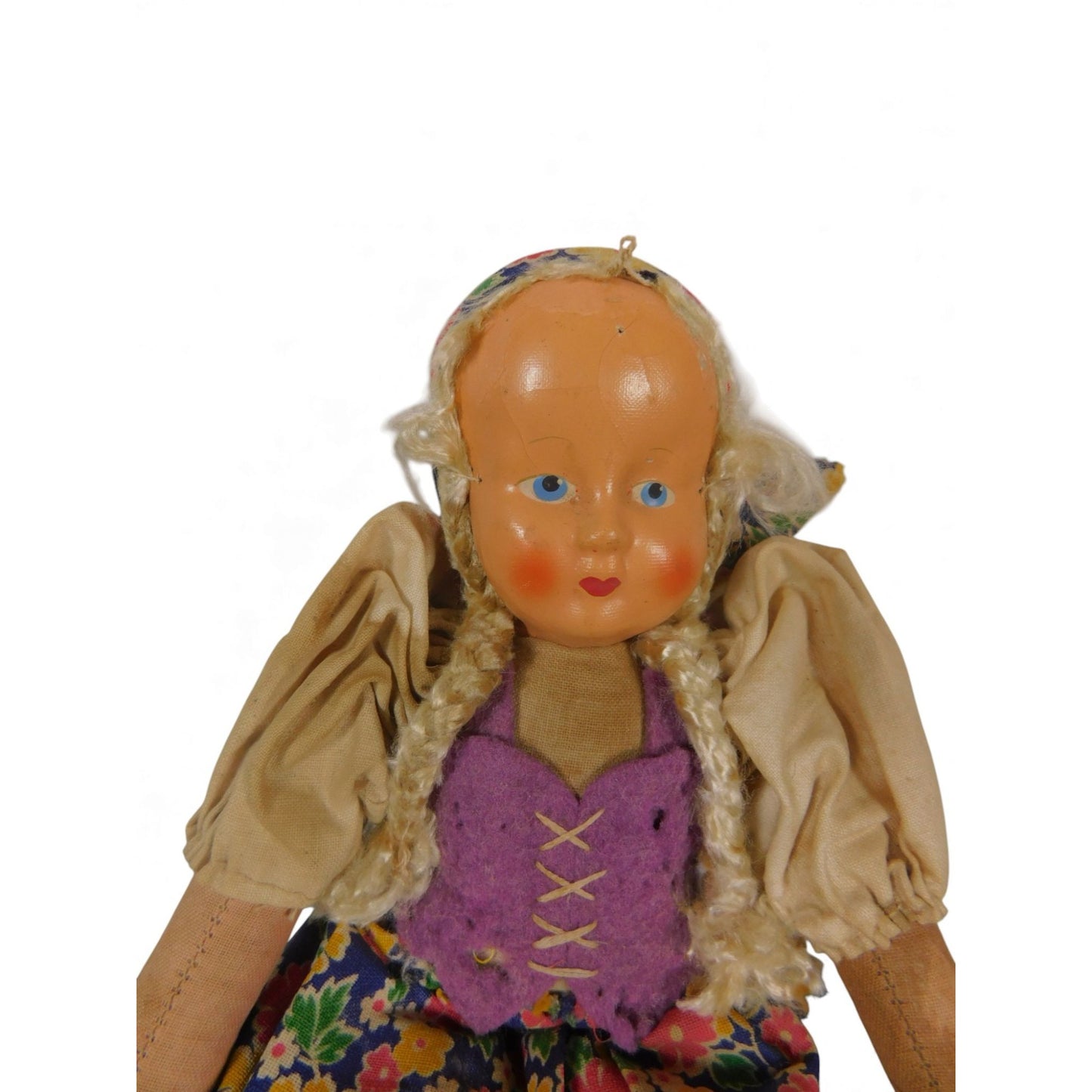 Vintage Handmade Cloth Doll With Painted Face & Floral Dress