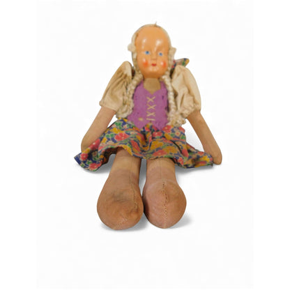 Vintage Handmade Cloth Doll With Painted Face & Floral Dress