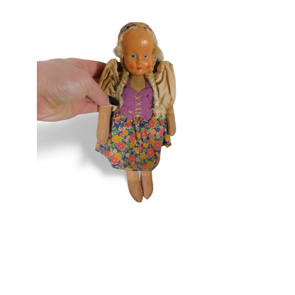 Vintage Handmade Cloth Doll With Painted Face & Floral Dress