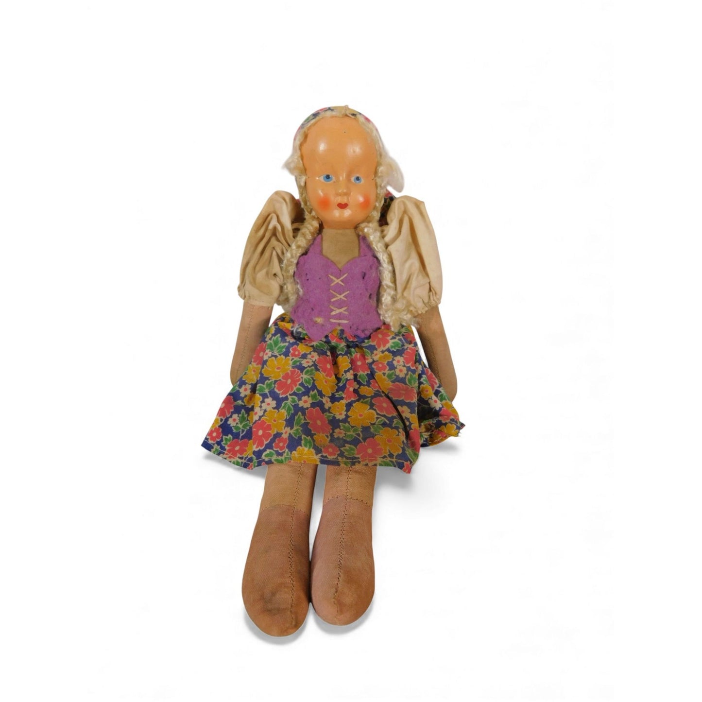 Vintage Handmade Cloth Doll With Painted Face & Floral Dress