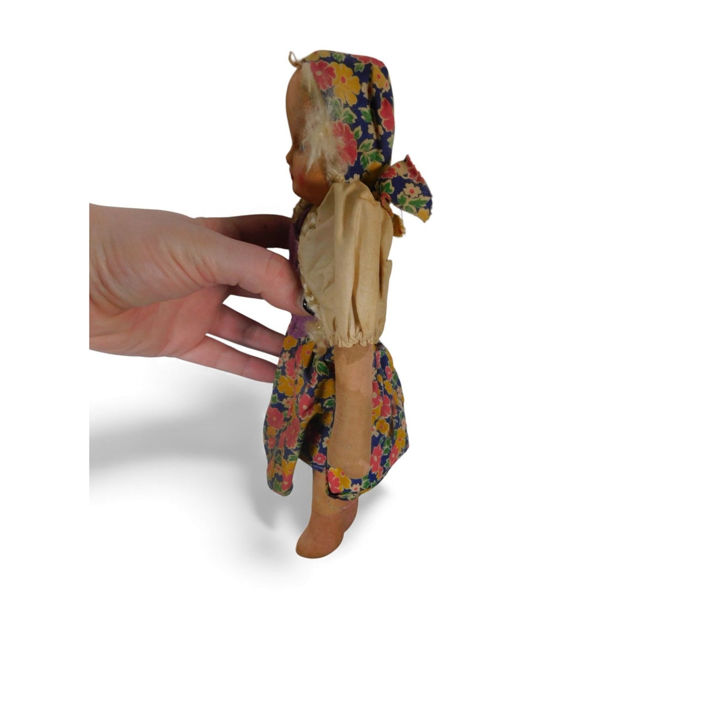 Vintage Handmade Cloth Doll With Painted Face & Floral Dress