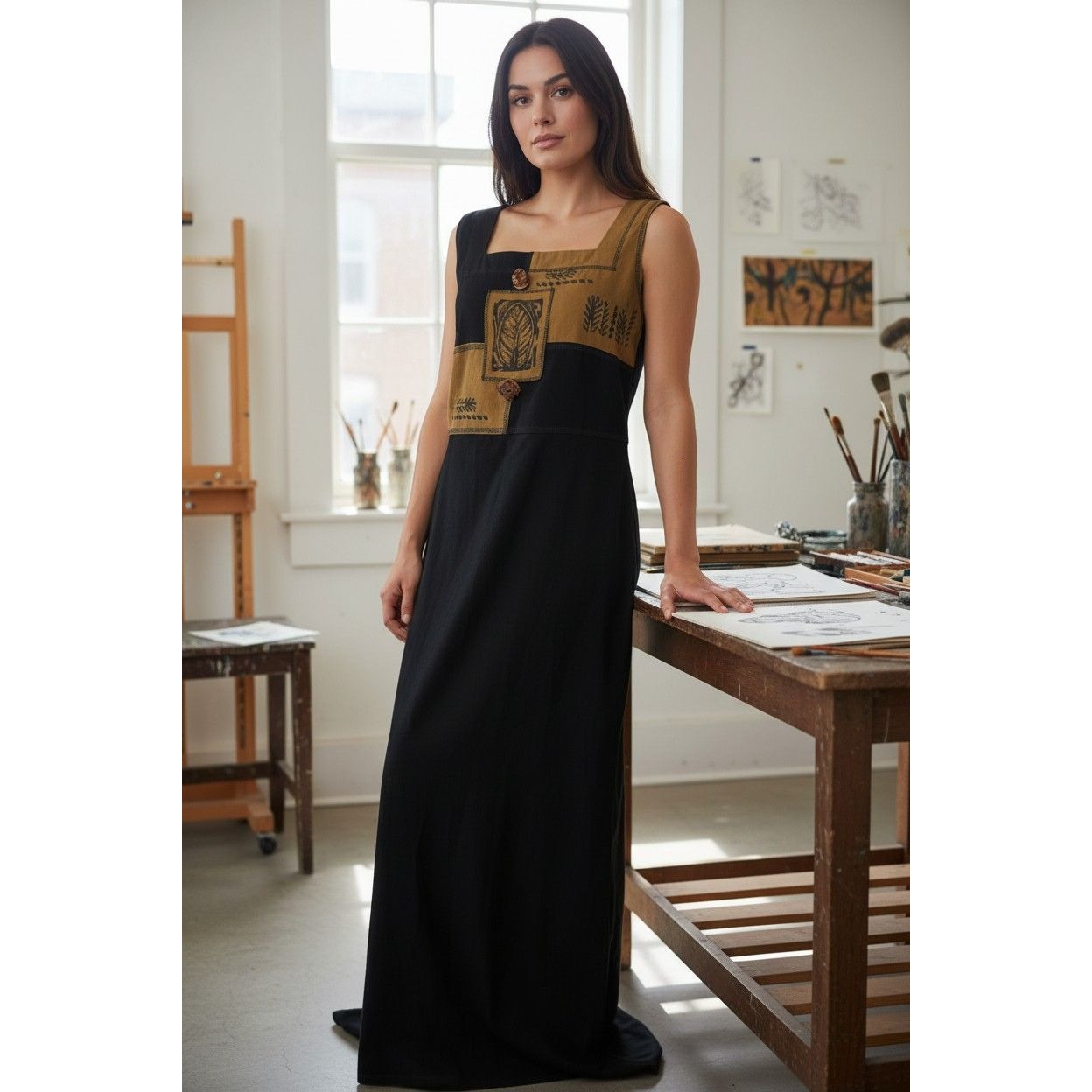 Vtg Nina Piccalino Patchwork Maxi M - Black Camel Leaf - Excellent