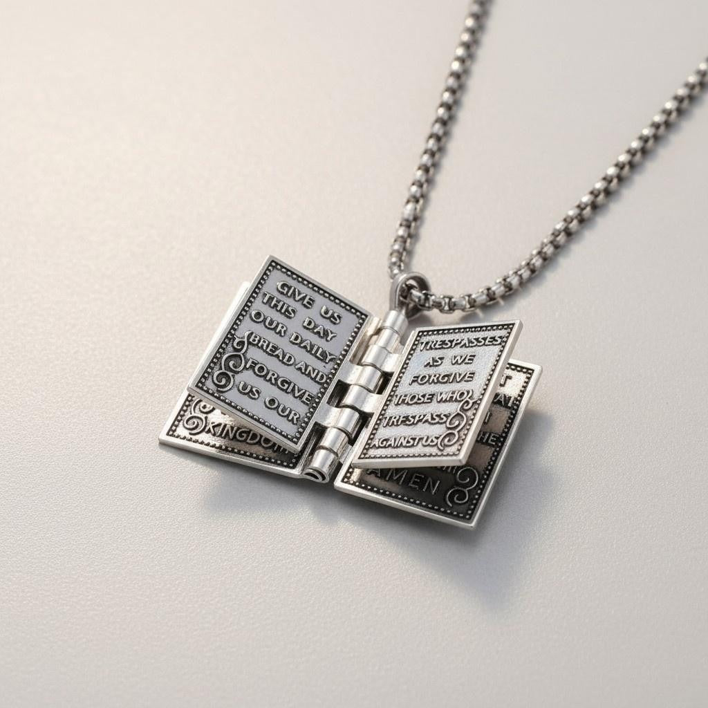 Bible Book Locket Pendant Necklace Silver Religious Rectangle 26in Jewelry