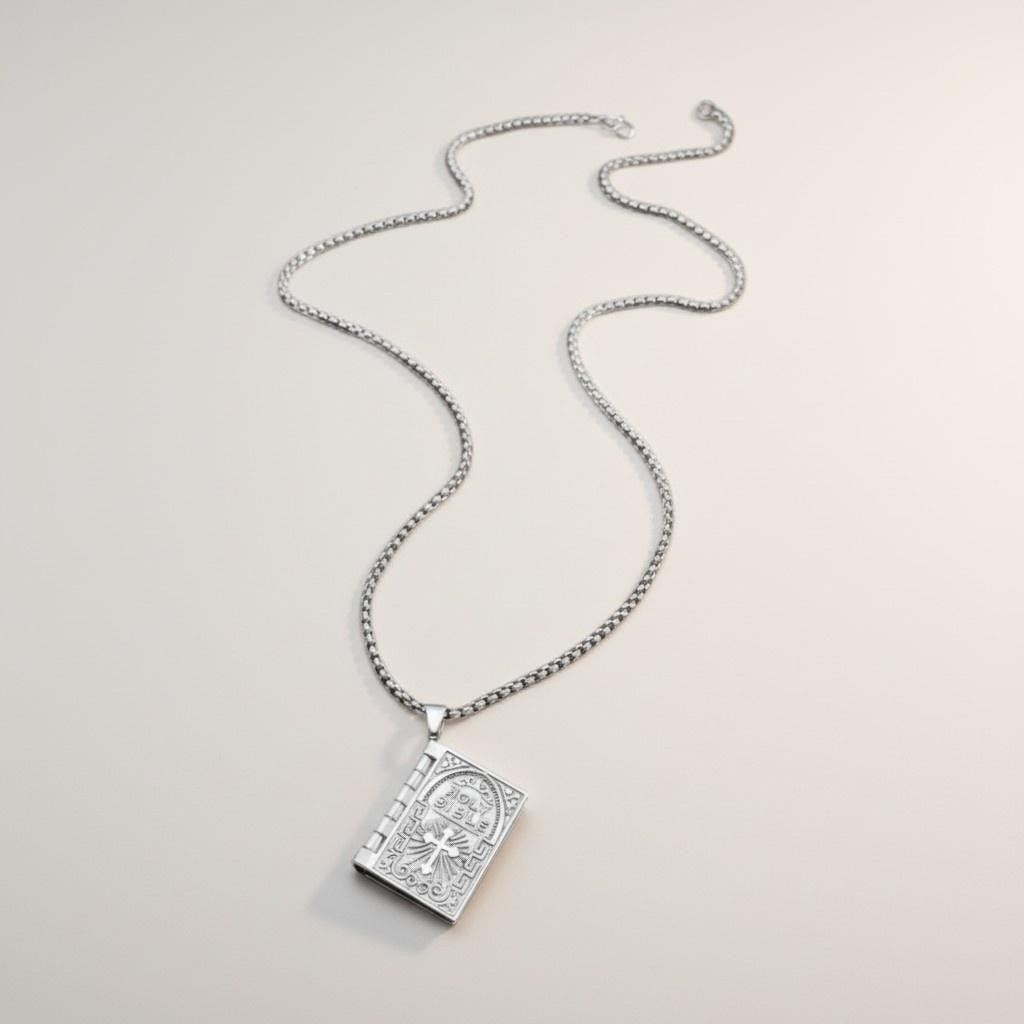 Bible Book Locket Pendant Necklace Silver Religious Rectangle 26in Jewelry