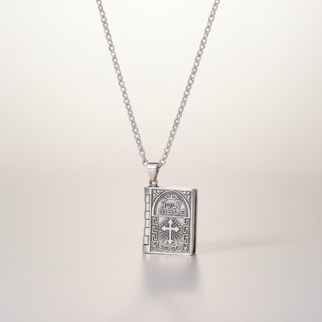 Bible Book Locket Pendant Necklace Silver Religious Rectangle 26in Jewelry