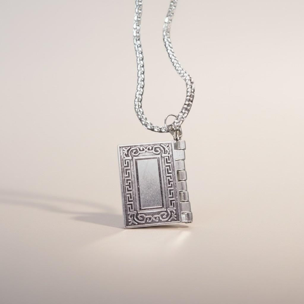 Bible Book Locket Pendant Necklace Silver Religious Rectangle 26in Jewelry