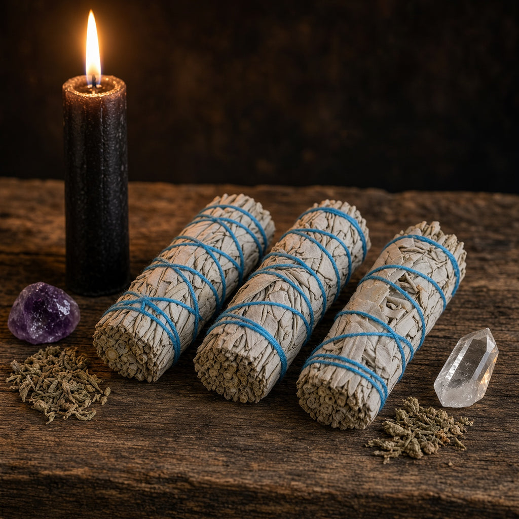 Three 4 inch ethically sourced California white sage smudge sticks with a black candle and crystals on a wooden surface