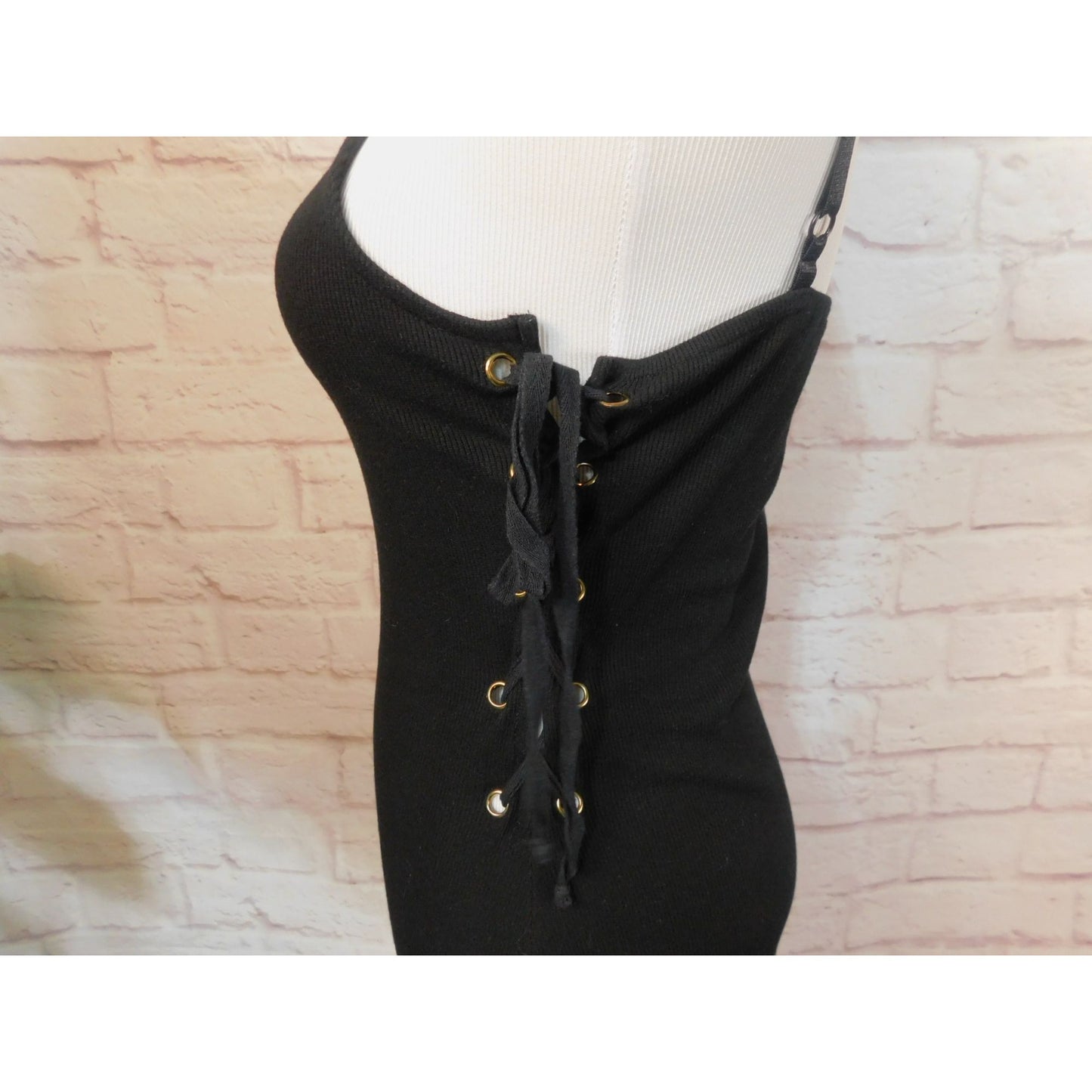 Say What? Black Ribbed Cotton Midi Bodycon Dress With Lace-Up Sides M