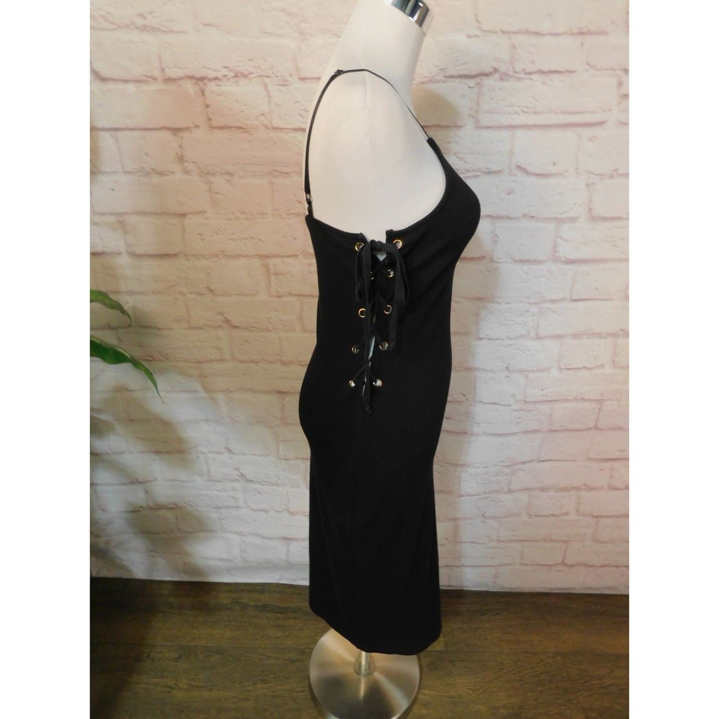 Say What? Black Ribbed Cotton Midi Bodycon Dress With Lace-Up Sides M