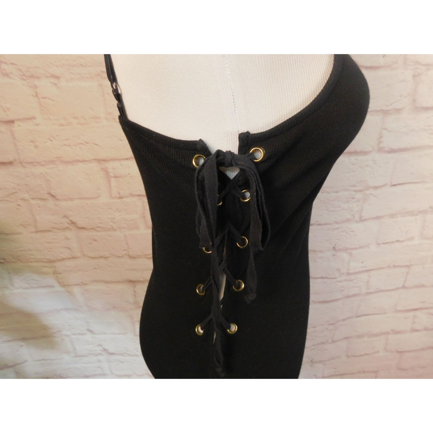 Say What? Black Ribbed Cotton Midi Bodycon Dress With Lace-Up Sides M