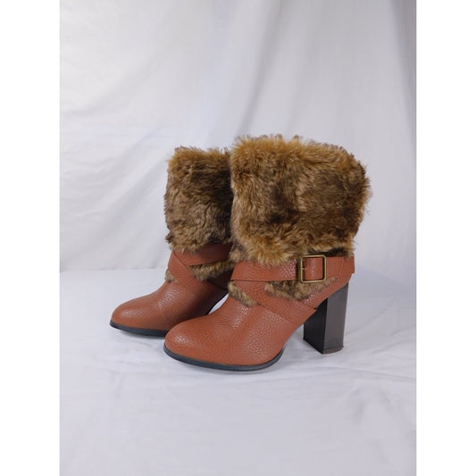 Lena Stone Brown Faux Fur Chunky Heel Booties 10 - Buckle Zip Winter - New