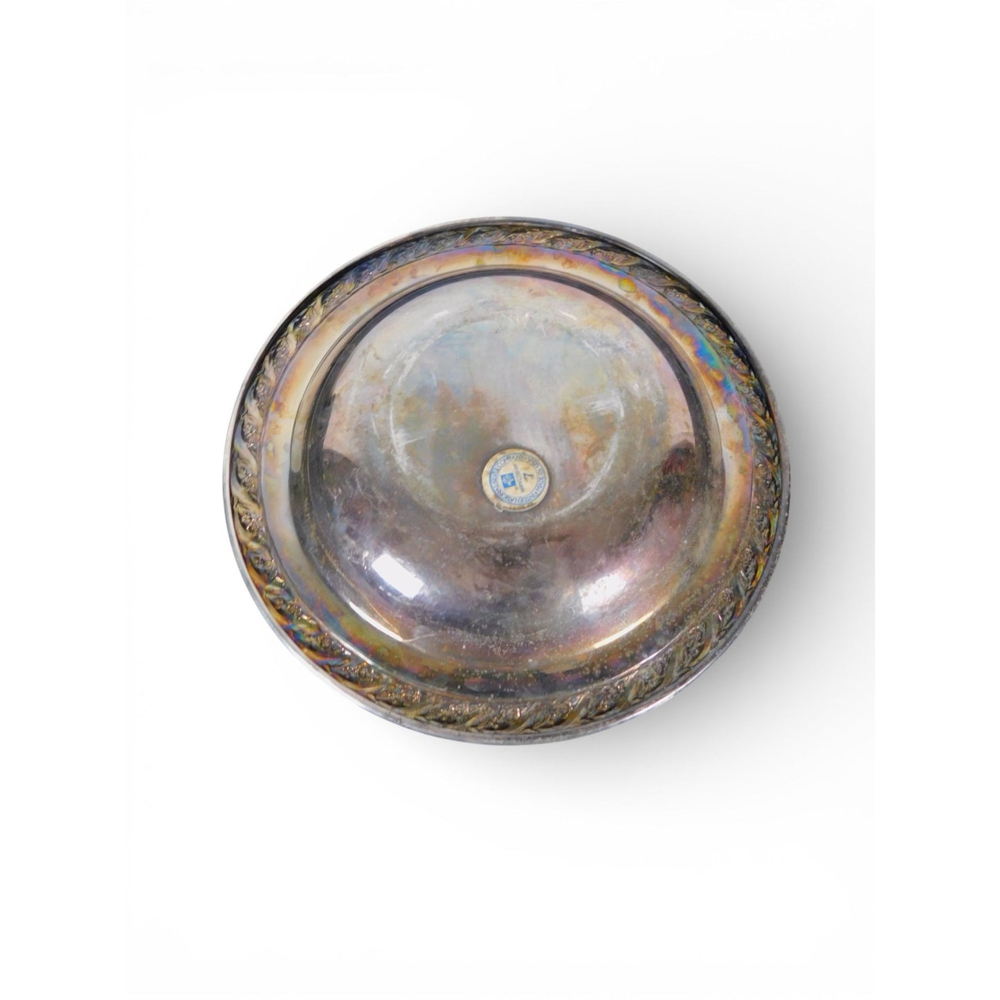 Vintage Silverplate Round Serving Bowl Floral Rope Edge 7.5”