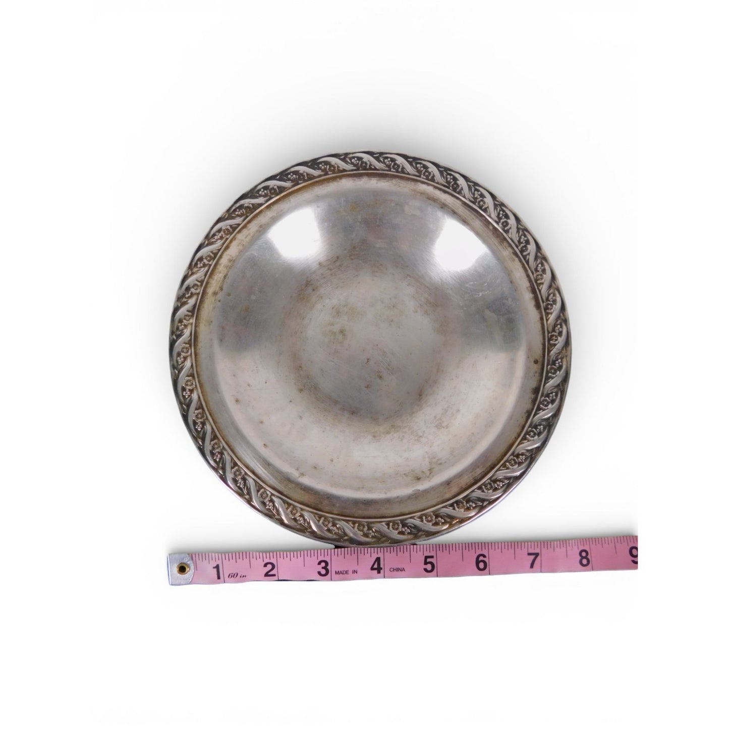 Vintage Silverplate Round Serving Bowl Floral Rope Edge 7.5”
