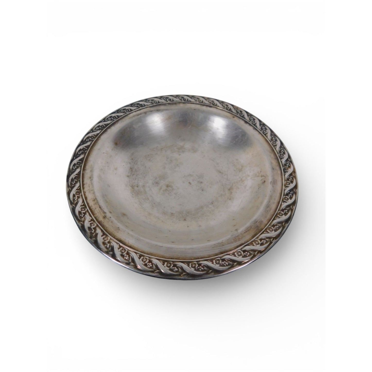Vintage Silverplate Round Serving Bowl Floral Rope Edge 7.5”
