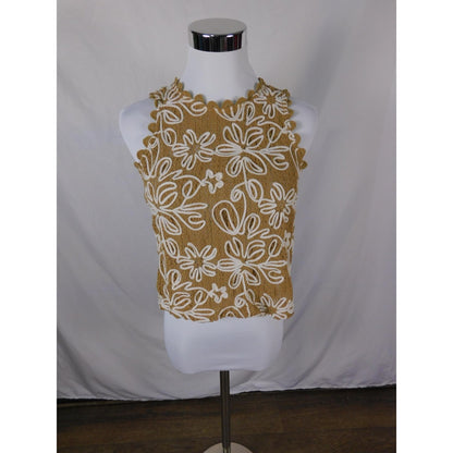 Solitaire Shirt Womens Small Tan White Crochet Floral Sleeveless Boho Top