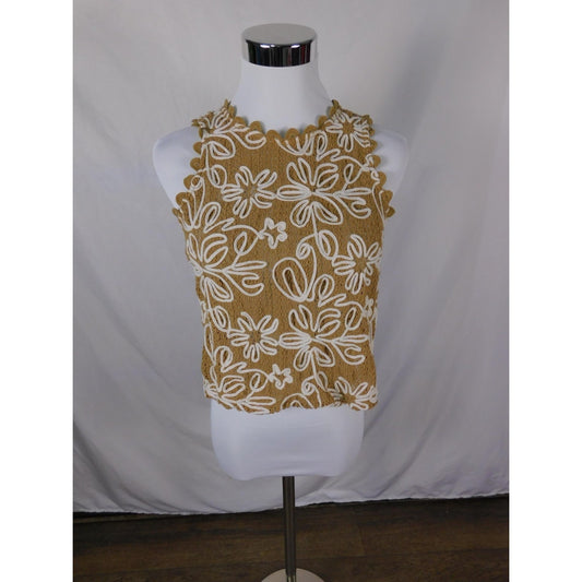 Solitaire Shirt Womens Small Tan White Crochet Floral Sleeveless Boho Top