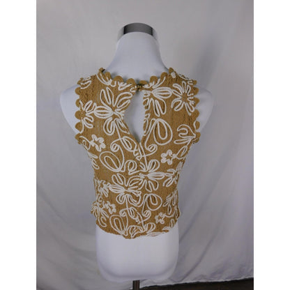 Solitaire Shirt Womens Small Tan White Crochet Floral Sleeveless Boho Top