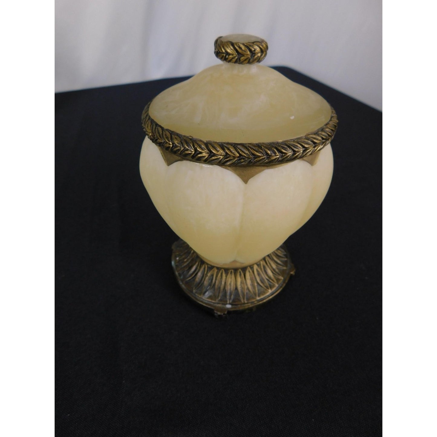 Ornate Resin Trinket Jar 6" Brass Laurel Lid