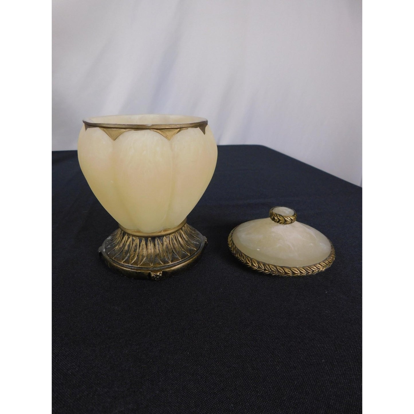 Ornate Resin Trinket Jar 6" Brass Laurel Lid