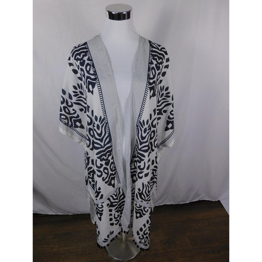 Black White Boho Tribal Kimono Tassel Pompom OS