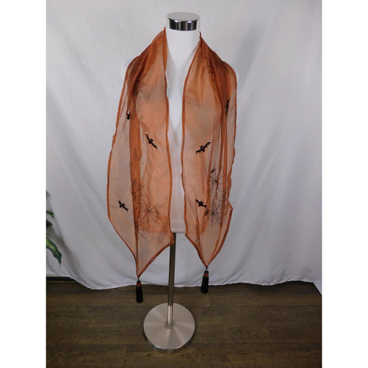 Orange Bats Spiderweb Embroidered Tassel Sheer Scarf OS