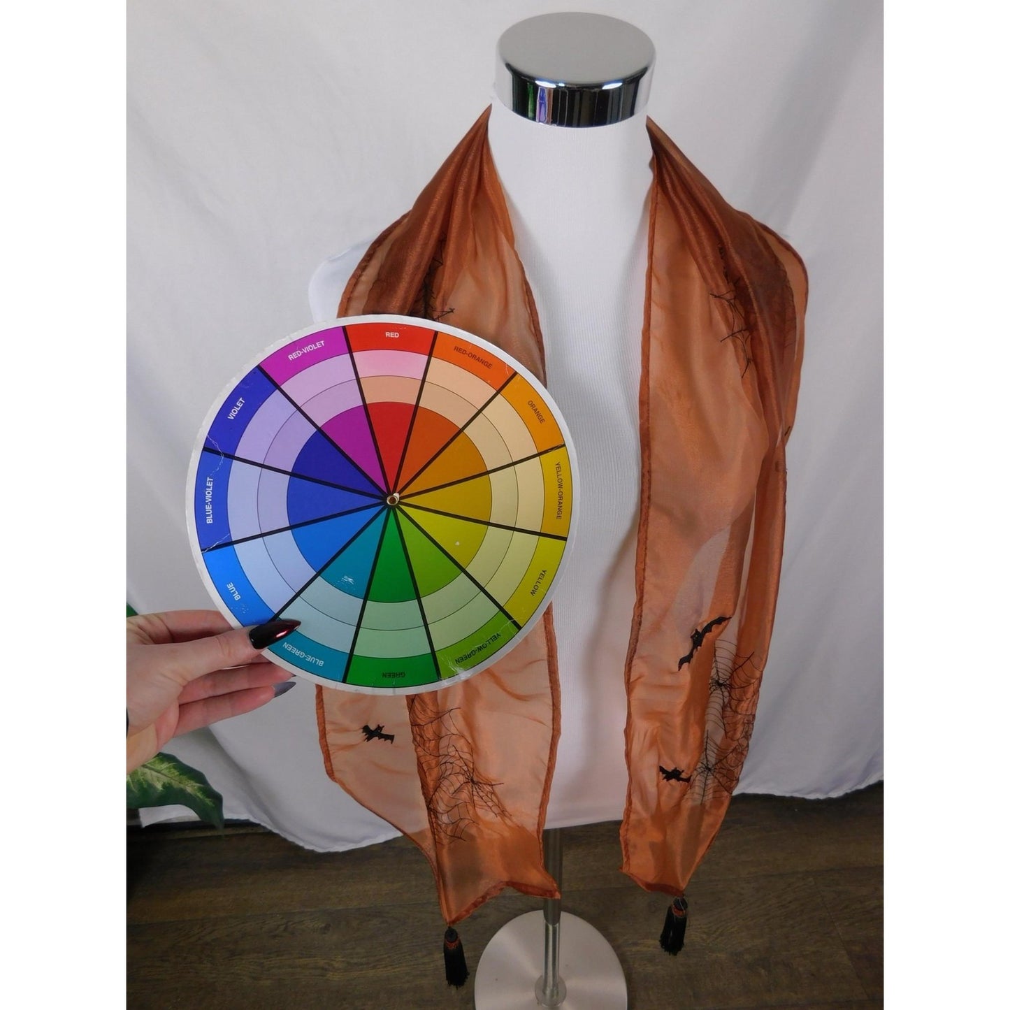 Orange Bats Spiderweb Embroidered Tassel Sheer Scarf OS