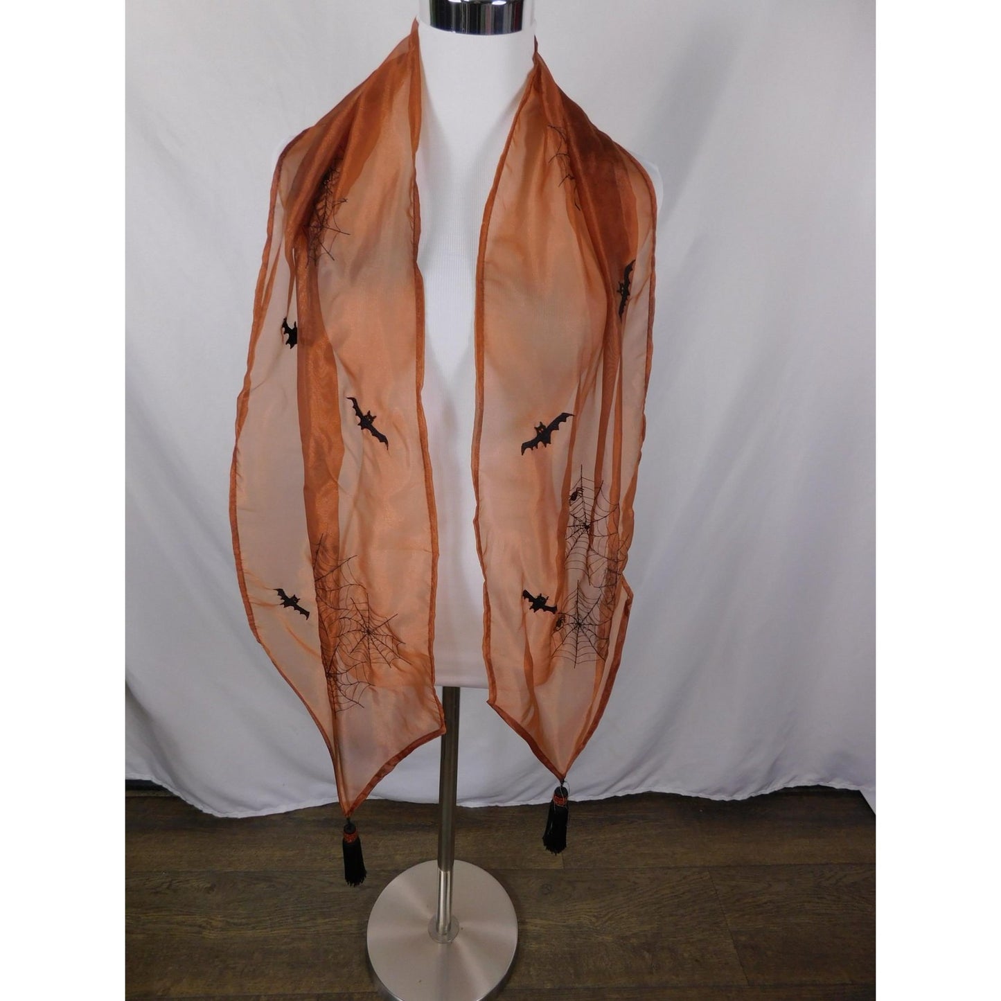 Orange Bats Spiderweb Embroidered Tassel Sheer Scarf OS