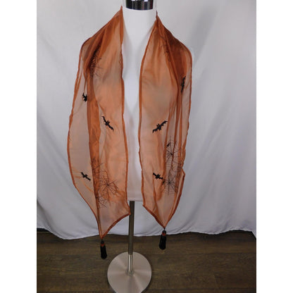 Orange Bats Spiderweb Embroidered Tassel Sheer Scarf OS