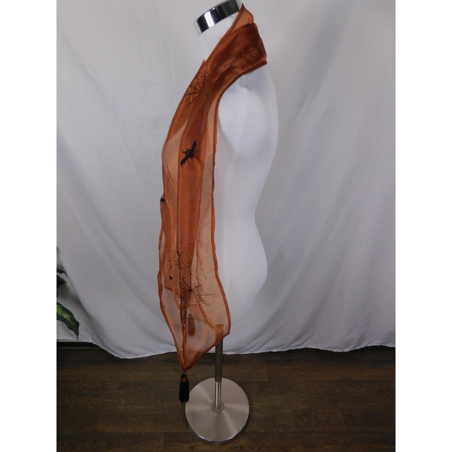Orange Bats Spiderweb Embroidered Tassel Sheer Scarf OS