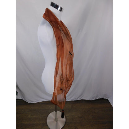 Orange Bats Spiderweb Embroidered Tassel Sheer Scarf OS