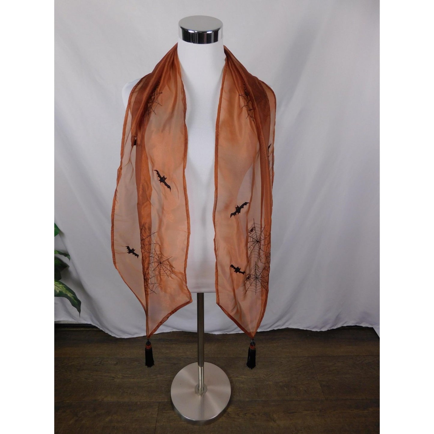 Orange Bats Spiderweb Embroidered Tassel Sheer Scarf OS