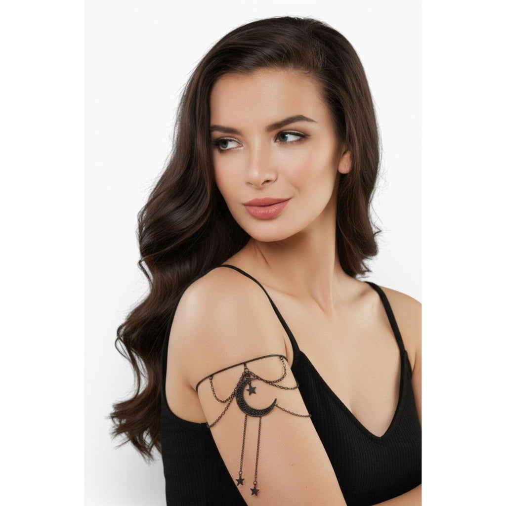 Black Crescent Moon & Stars Chain Armlet - Gothic Boho Adjustable Jewelry For Women