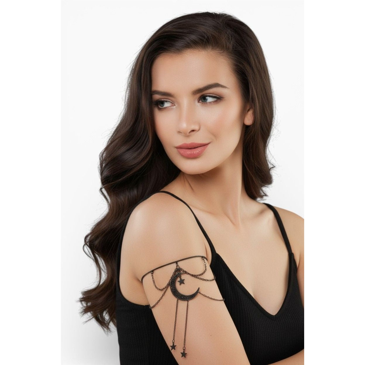 Black Crescent Moon & Stars Chain Armlet - Gothic Boho Adjustable Jewelry For Women