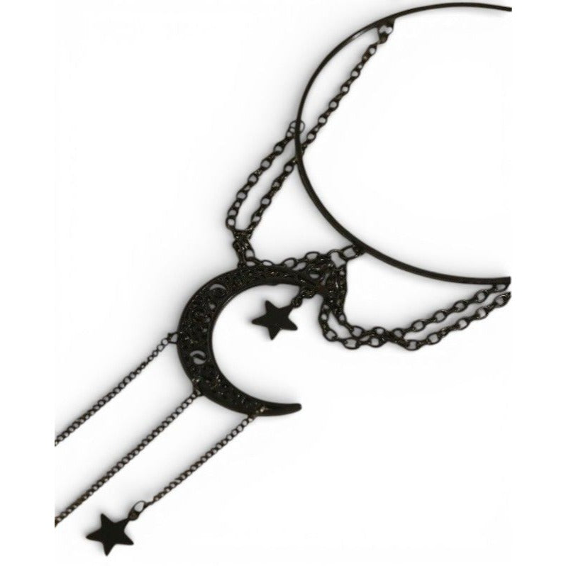 Black Crescent Moon & Stars Chain Armlet - Gothic Boho Adjustable Jewelry For Women