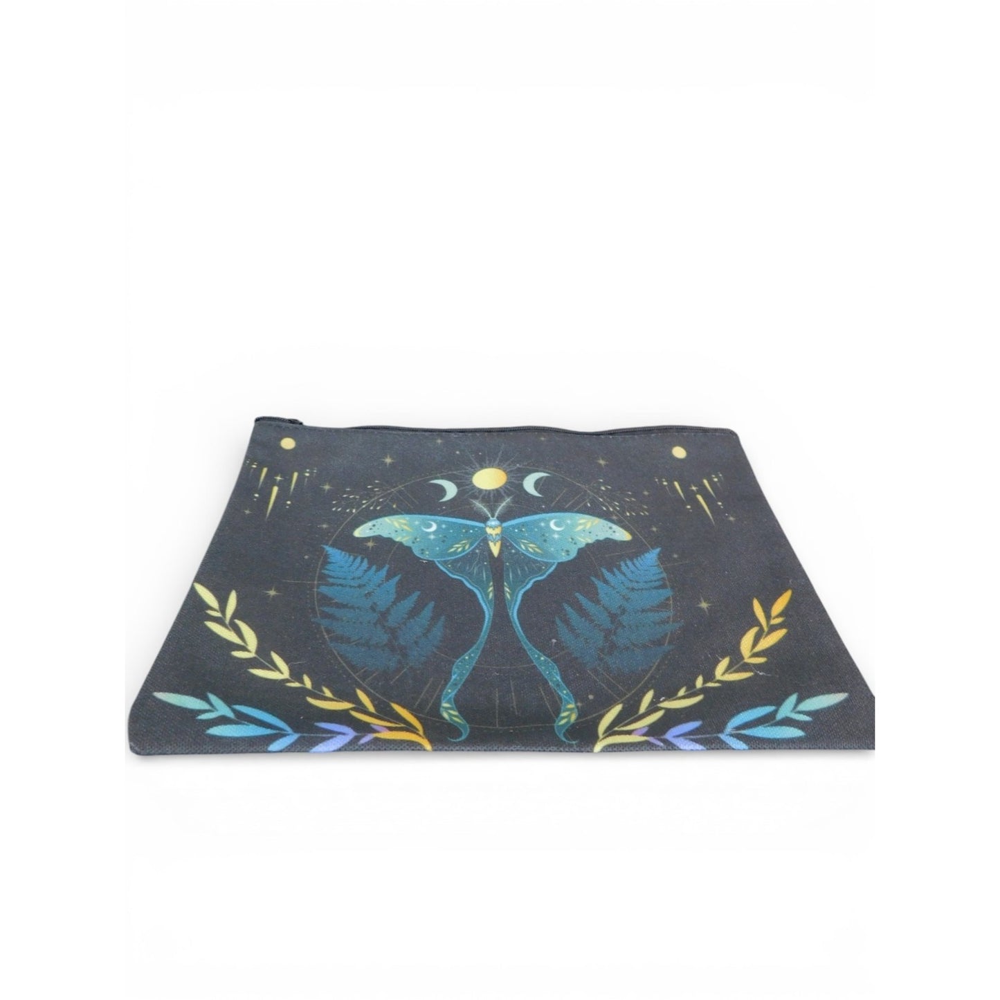 Black Celestial Luna Moth Zipper Pouch Cosmetic Makeup Bag Moon Phases Travel