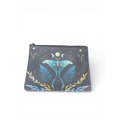 Black Celestial Luna Moth Zipper Pouch Cosmetic Makeup Bag Moon Phases Travel