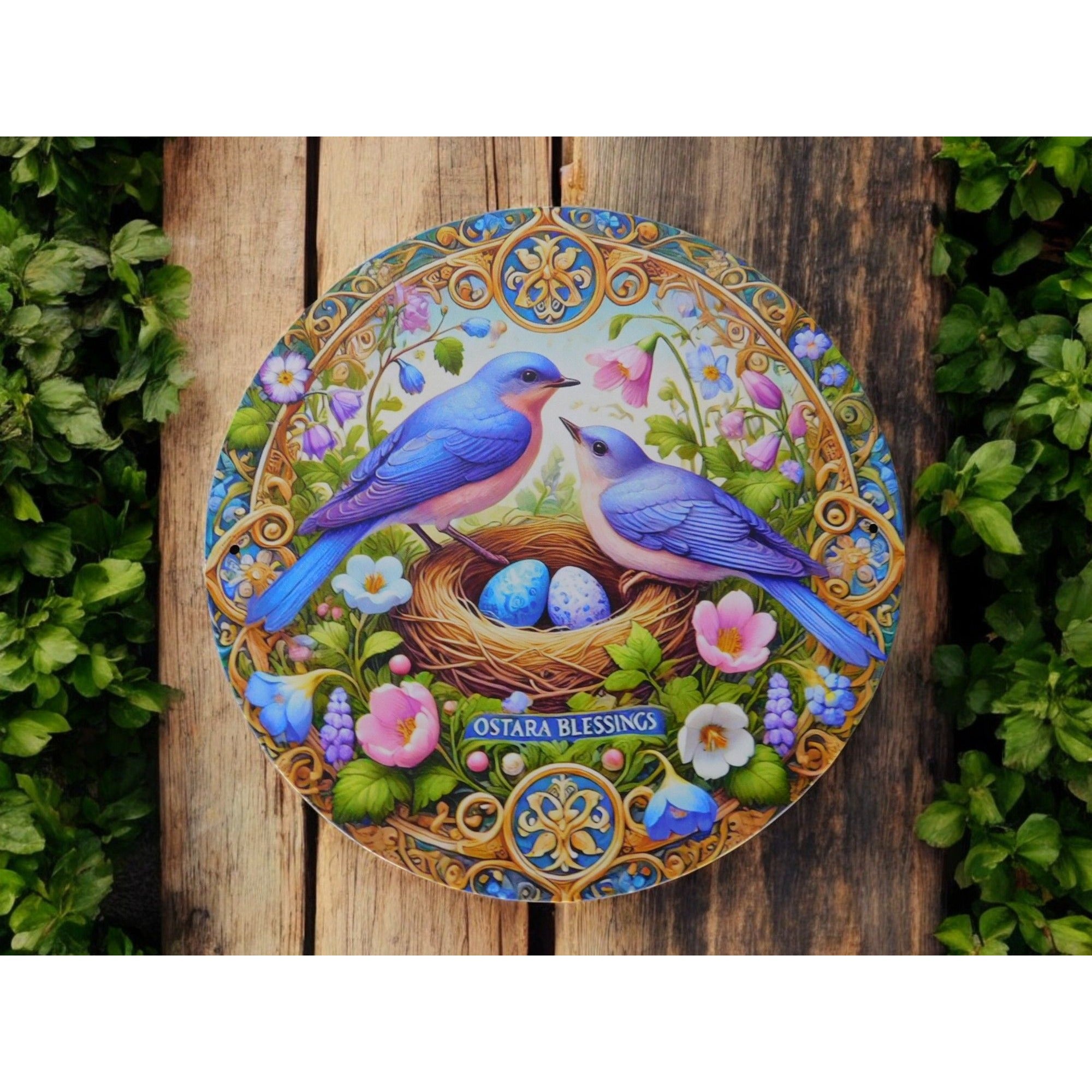 Ostara Blessings Decorative Metal Sign With Bluebirds & Floral Design – 8"x8" Round Wall Art