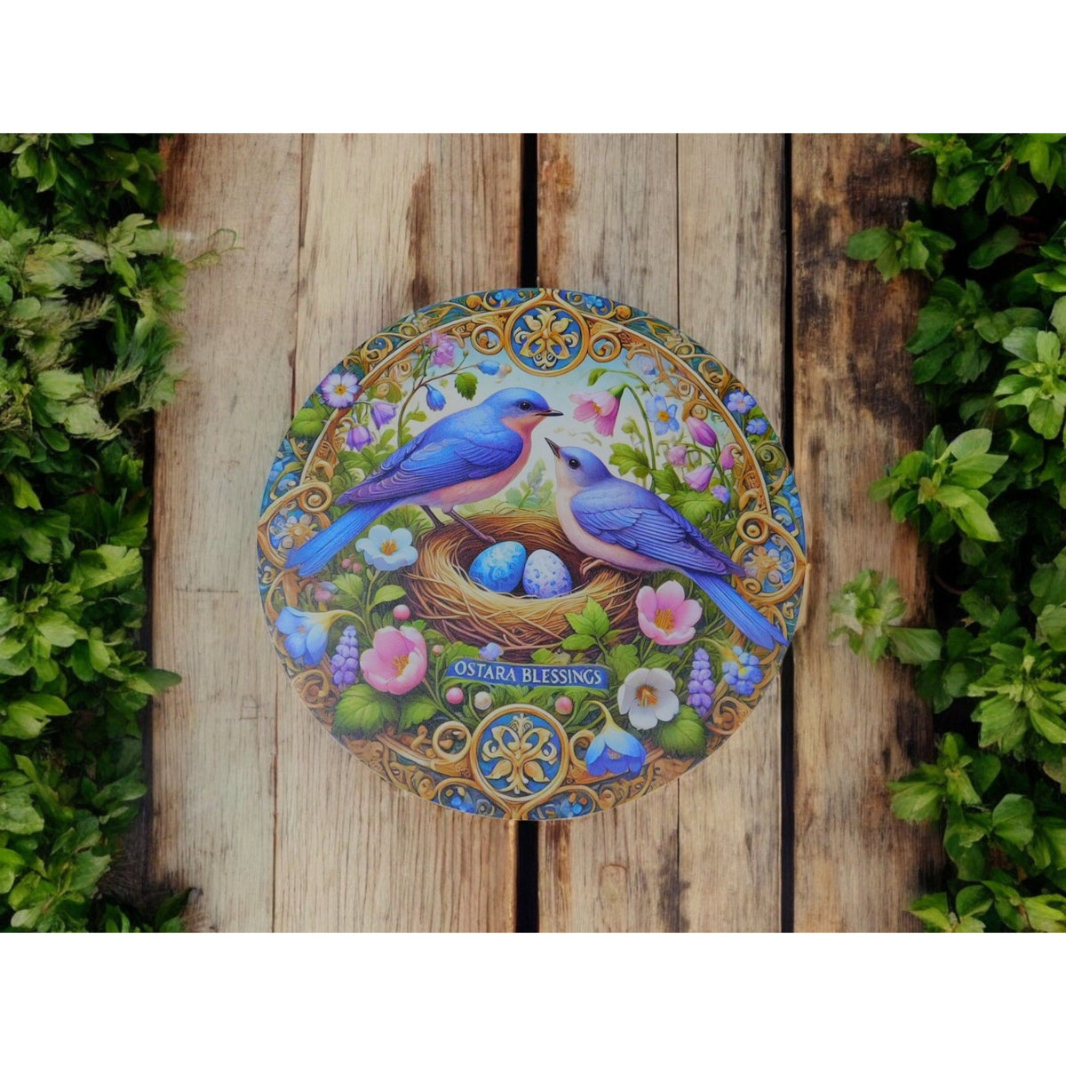 Ostara Blessings Decorative Metal Sign With Bluebirds & Floral Design – 8"x8" Round Wall Art