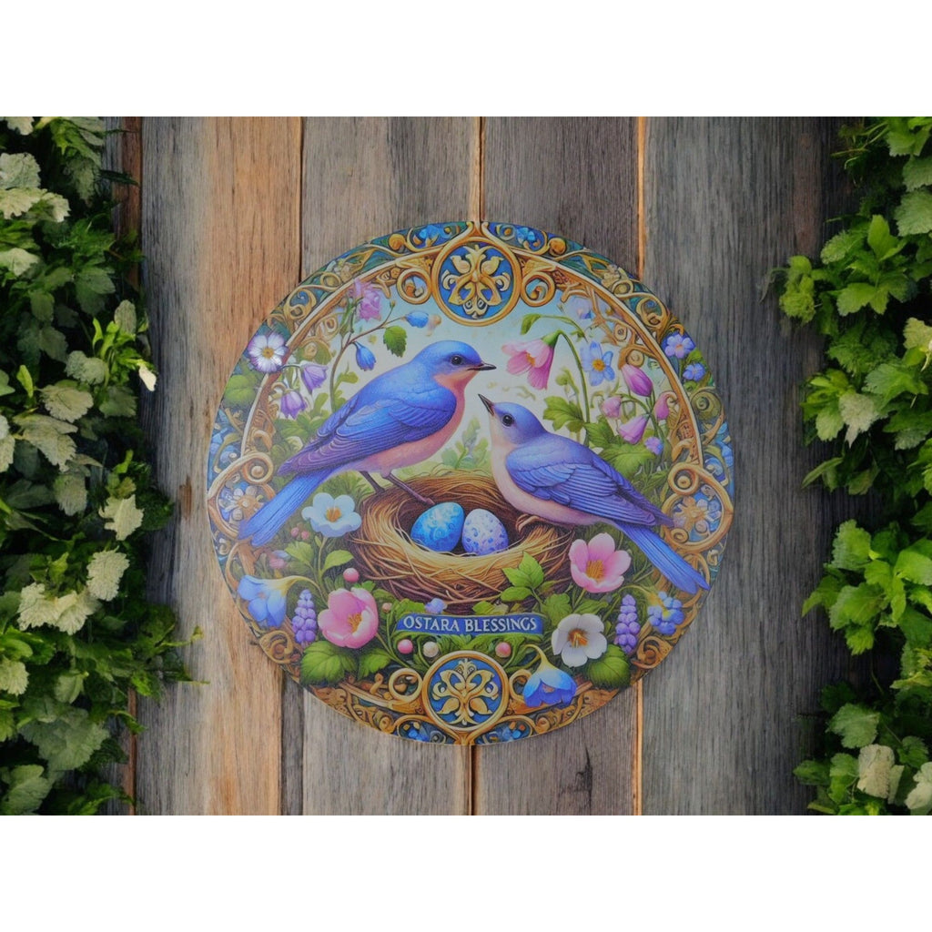 Ostara Blessings Decorative Metal Sign With Bluebirds & Floral Design – 8"x8" Round Wall Art