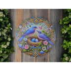 Ostara Blessings Decorative Metal Sign With Bluebirds & Floral Design – 8"x8" Round Wall Art