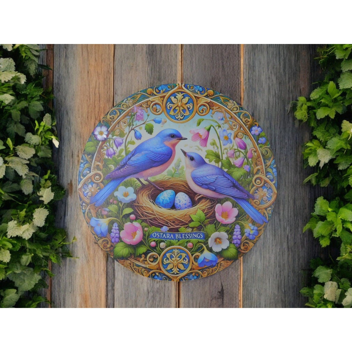 Ostara Blessings Decorative Metal Sign With Bluebirds & Floral Design – 8"x8" Round Wall Art