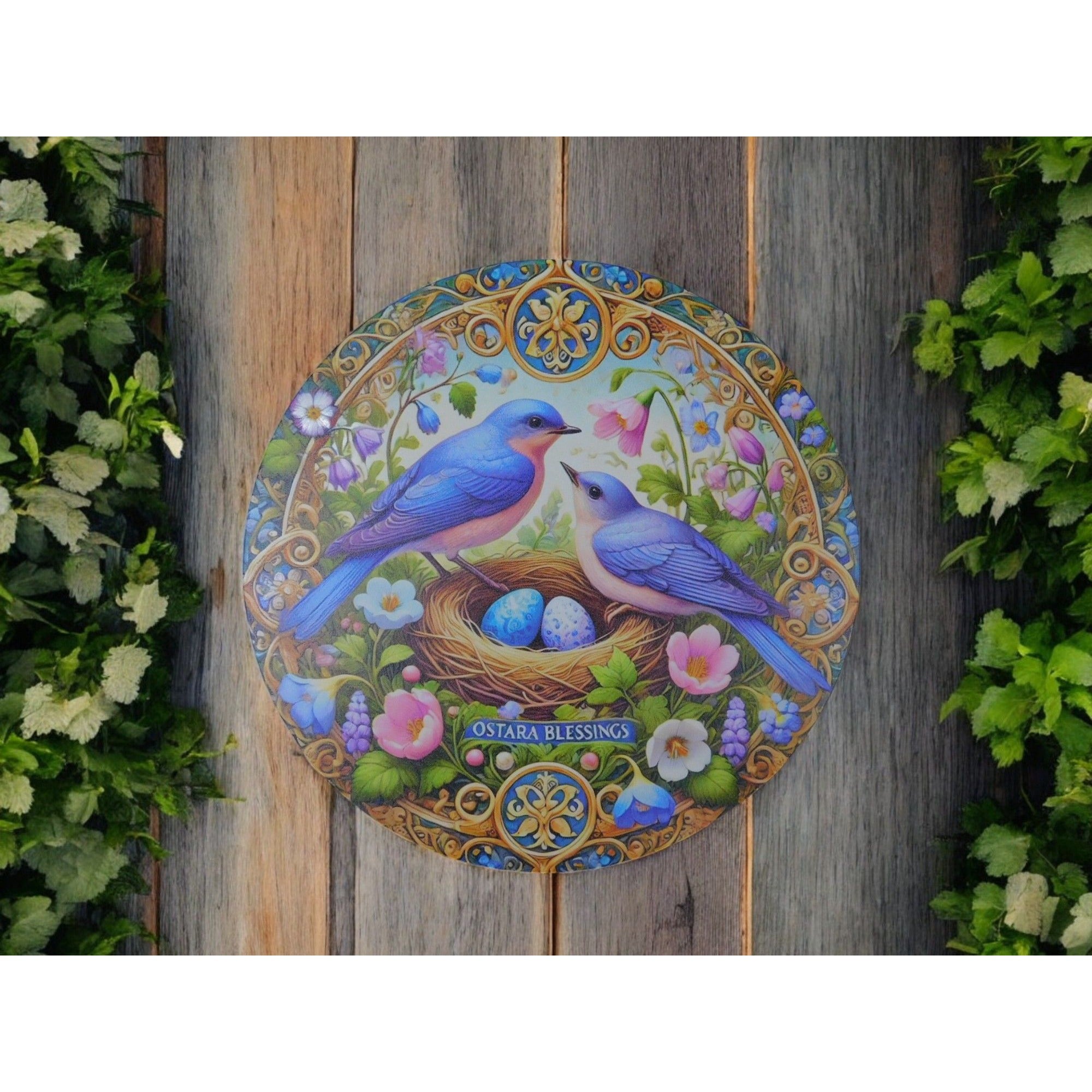 Ostara Blessings Decorative Metal Sign With Bluebirds & Floral Design – 8"x8" Round Wall Art