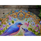 Ostara Blessings Decorative Metal Sign With Bluebirds & Floral Design – 8"x8" Round Wall Art